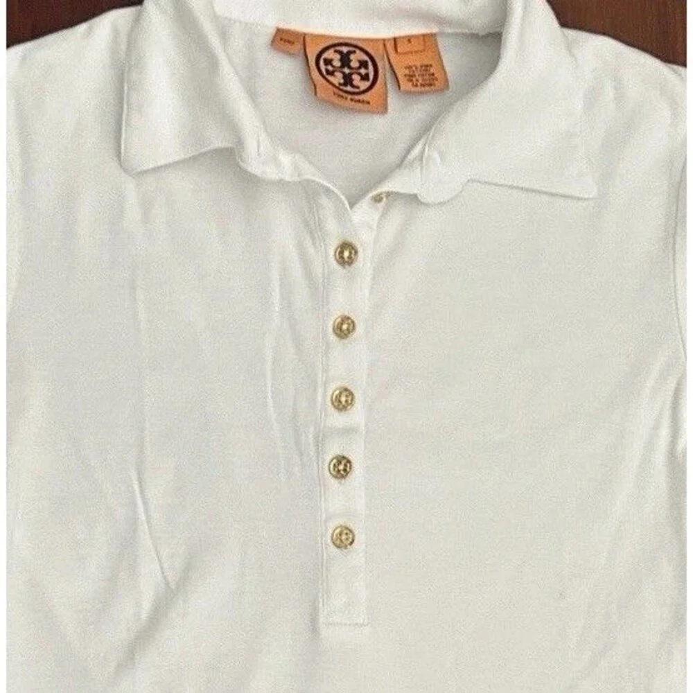 Tory Burch Small Fitted Polo Top White Short Sleeve Collar Shirt Gold Buttons